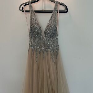 JOVANI Embellished V-Neck Tulle Evening Dress in Nude and Silver